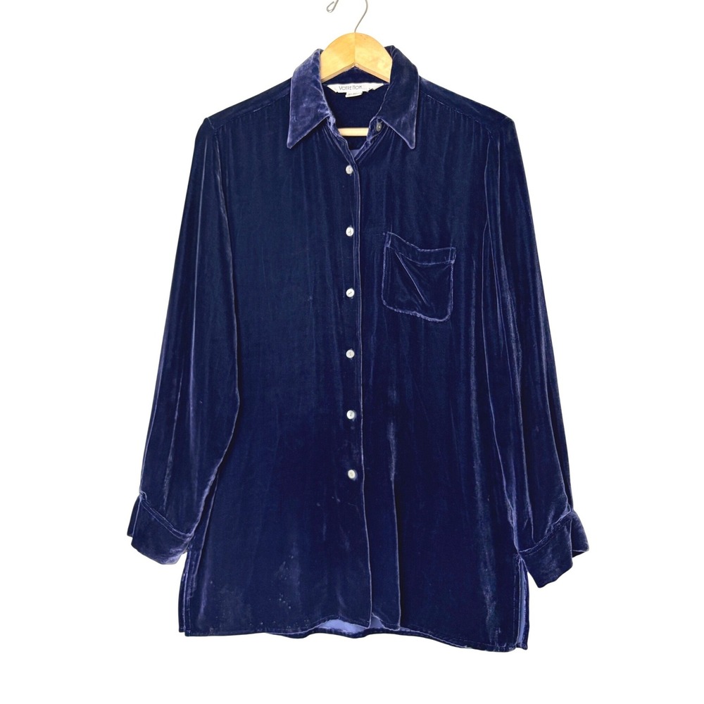 Votre Nom Vintage Silk Blend Velvet Button Down Shirt Purple Small Tunic Top